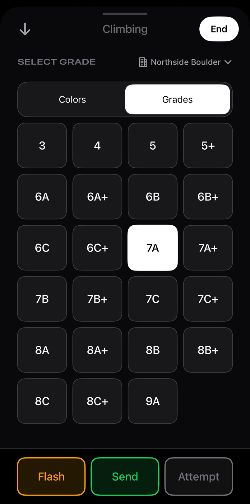 The climbing session screen: a grid of Font grades with 7A selected, and Flash, Send and Attempt buttons.