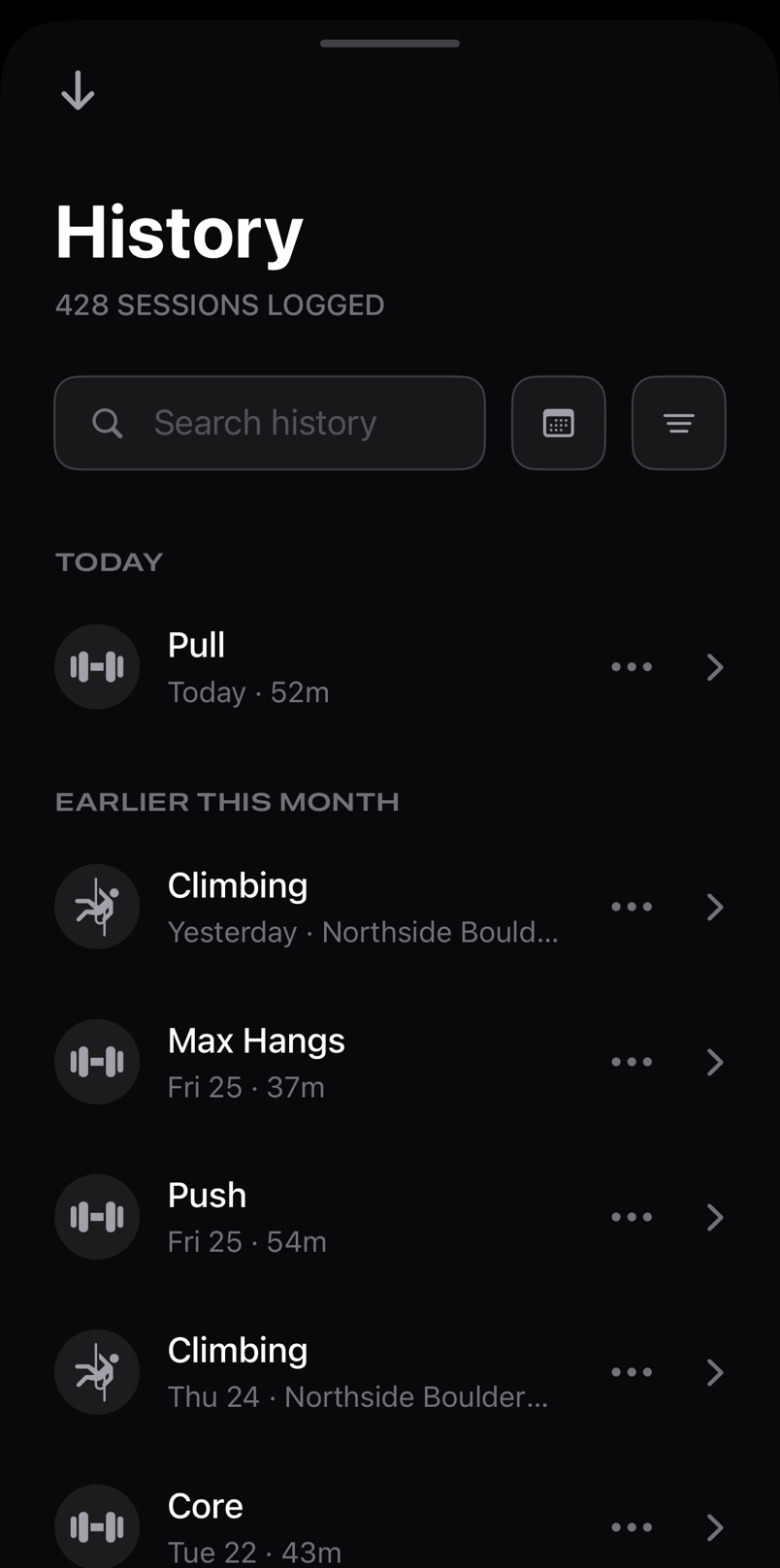 History: 428 sessions logged, with search and filters, listing recent climbing, hangboard and strength sessions.